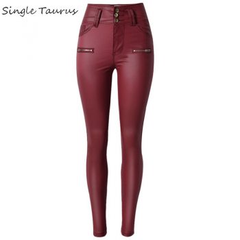 High Waist Red PU Pants Women Elasticity Slim Push Up Skinny Jeans Woman Streetwear England Sexy Lady Twotwinstyle Leather Pants
