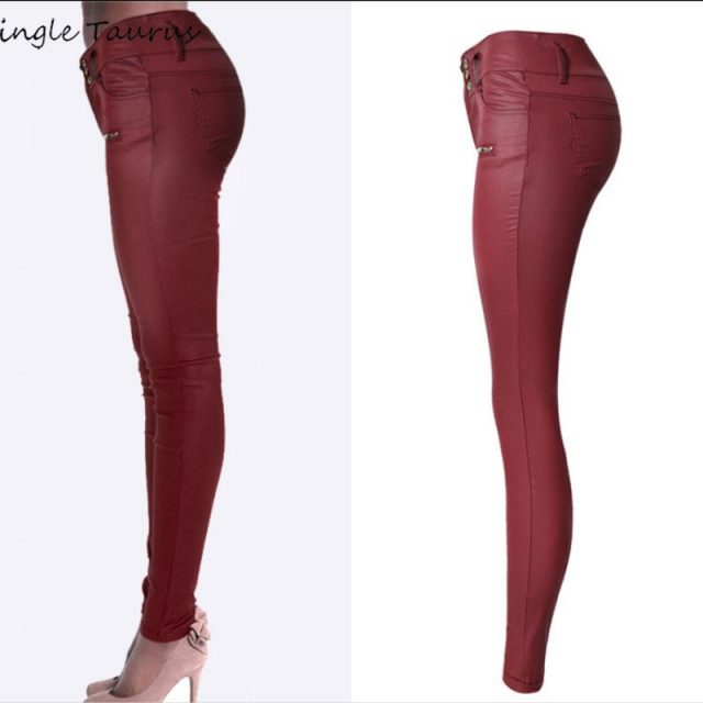 High Waist Red PU Pants Women Elasticity Slim Push Up Skinny Jeans Woman Streetwear England Sexy Lady Twotwinstyle Leather Pants