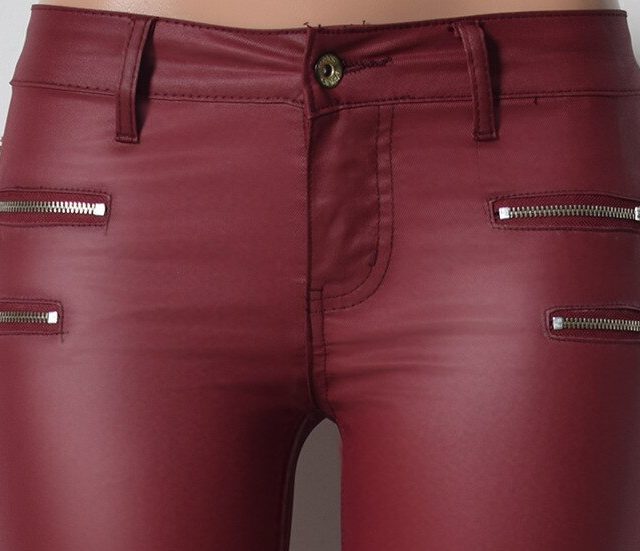 Low Waist PU Leather Pants Women Double Zipper Skinny Jeans Femme High Stretch Push Up Pants Feminino Wine Red Pantalon Femme