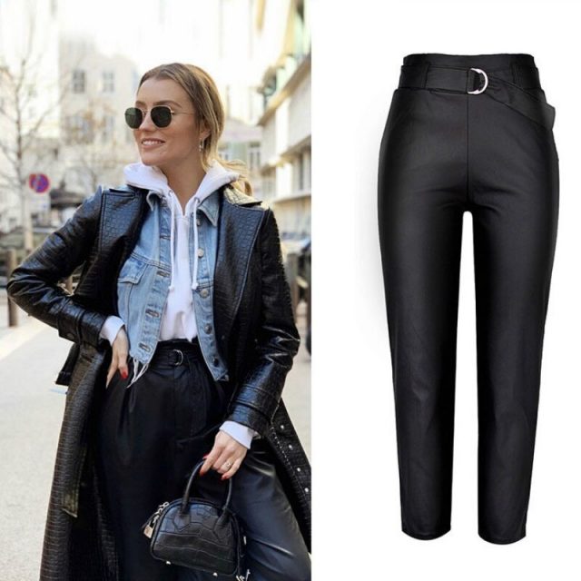 Black Leather Pants Women Streetwear PU Ropa Mujer High Waist Coated Denim Pantalon Femme Sexy Fall Winter Fashion Leather Pants