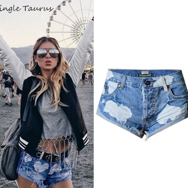 2019 Summer Top Waist Jeans Shorts Women Heart-shaped Printing Blue Cross-jeans Shorts Femme Tassel Vintage Denim Short Feminino