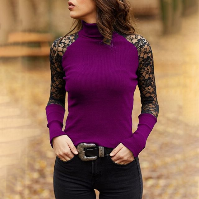 Spring and Autumn Women Knitted Turtleneck Sweater Casual Soft O-neck Jumper Fashion Slim Lace Hollow Out Long Sleeves Clothes