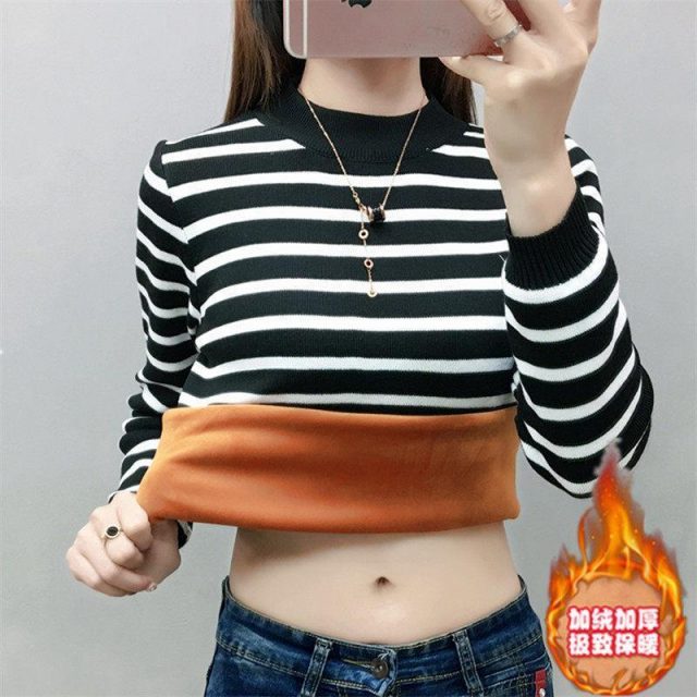 velvet warm plus size thick autumn and winter striped long sleeve half-height collar bottoming shirt halloween sweater women