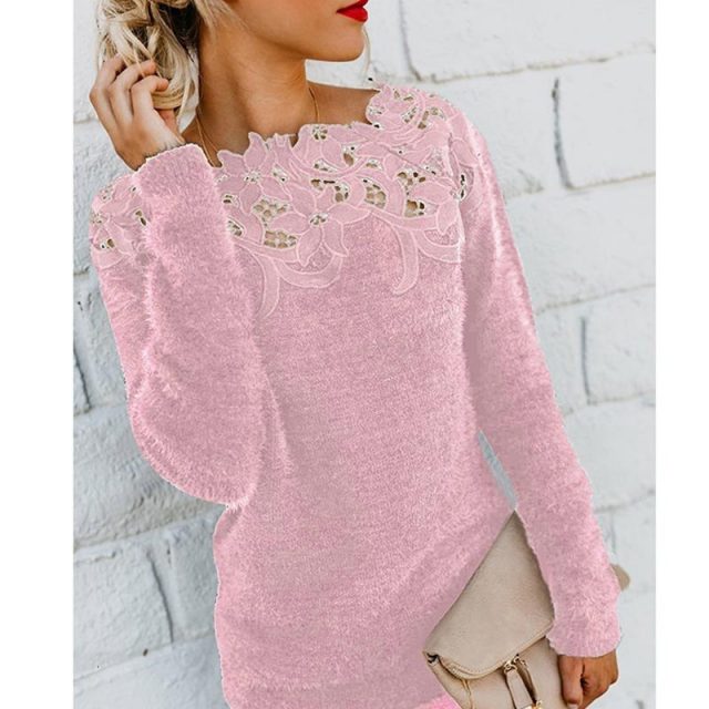 Women Autumn Lace Patchwork Sweater Casual Fleece Plush Pullover Elegant Hollow Out Slash Neck Sweater Knitted Tops Plus Size