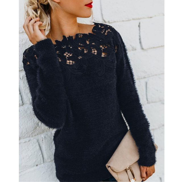 Women Autumn Lace Patchwork Sweater Casual Fleece Plush Pullover Elegant Hollow Out Slash Neck Sweater Knitted Tops Plus Size