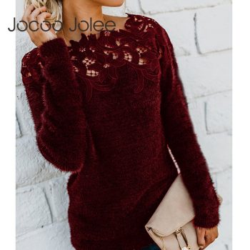 Women Autumn Lace Patchwork Sweater Casual Fleece Plush Pullover Elegant Hollow Out Slash Neck Sweater Knitted Tops Plus Size