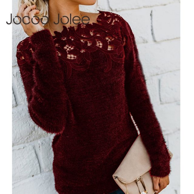 Women Autumn Lace Patchwork Sweater Casual Fleece Plush Pullover Elegant Hollow Out Slash Neck Sweater Knitted Tops Plus Size