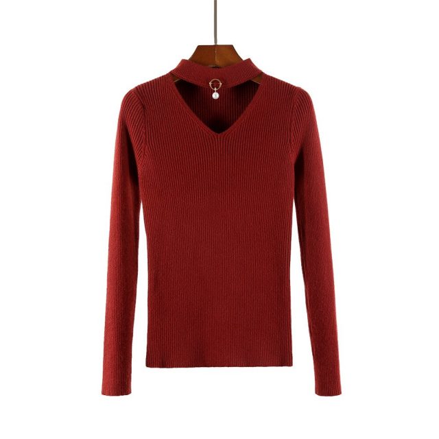 Sweater Female 2018 Autumn And Winter New Bottoming Shirt V-neck Hanging Neck Slim Pullover Sweater Thick Pullovers