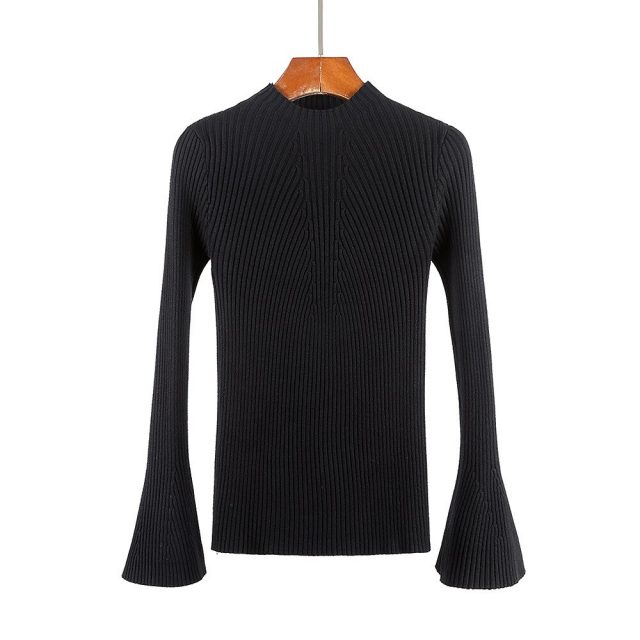 2018 Winter New Solid Color Sweater Slim Thick Trumpet Sleeves Thick half-high Collar Sweater Women’s Pullovers