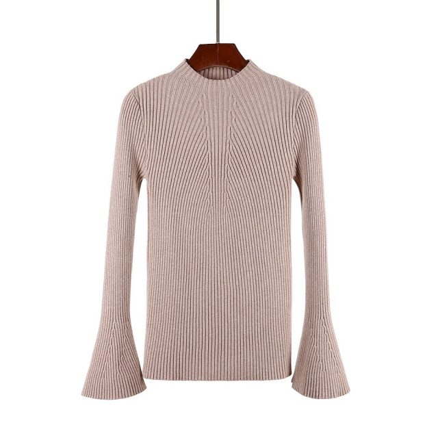 2018 Winter New Solid Color Sweater Slim Thick Trumpet Sleeves Thick half-high Collar Sweater Women’s Pullovers