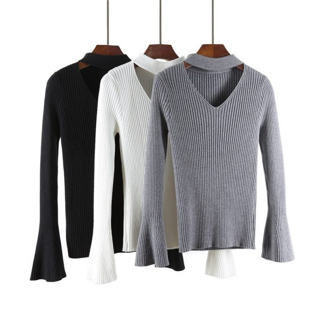 Trumpet Sleeve Sweater Female V-neck Hanging Neck Hollow Bottom Knit Shirt Jacket Head 2019 New Sweater Thick Sweater Pullovers