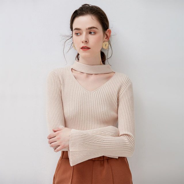 Trumpet Sleeve Sweater Female V-neck Hanging Neck Hollow Bottom Knit Shirt Jacket Head 2019 New Sweater Thick Sweater Pullovers