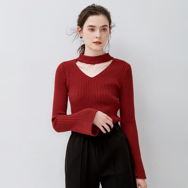 Trumpet Sleeve Sweater Female V-neck Hanging Neck Hollow Bottom Knit Shirt Jacket Head 2019 New Sweater Thick Sweater Pullovers