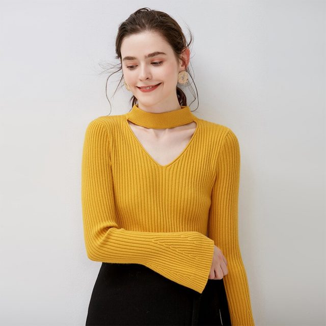 Trumpet Sleeve Sweater Female V-neck Hanging Neck Hollow Bottom Knit Shirt Jacket Head 2019 New Sweater Thick Sweater Pullovers