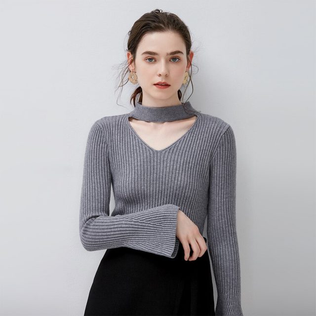 Trumpet Sleeve Sweater Female V-neck Hanging Neck Hollow Bottom Knit Shirt Jacket Head 2019 New Sweater Thick Sweater Pullovers
