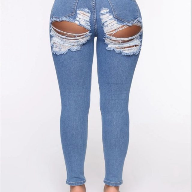 Hole Denim PantsTrousers Buttocks Torn Pencil Pants Women’s Ripped Elasticity Jeans