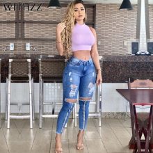 WITHZZ Spring Autumn Sexy Hole Denim Pants Middle Waist  Trousers Torn Pencil Pants Women’s Ripped Jeans