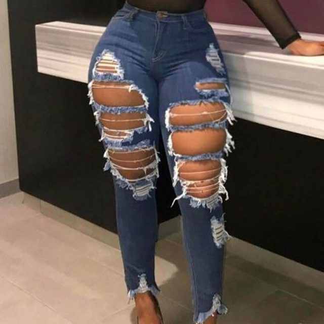 Women High Waist Casual Jeans Washed Distressed Hole Jeans High Street Ripped Stretch Skinny Sexy Denim Pants Lady Pencil Pants