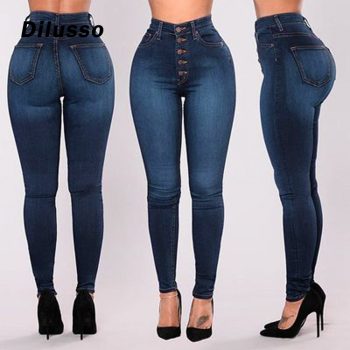 Women High Waisted Skinny Denim Jeans Stretch Slim Pants Calf Length Jeans Sexy Solid Blue Female Casual Daily Jeans