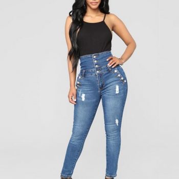 Ladies Ripped Jeans Plus Size Skinny High Waist Jeans Button Fly Curvy Long Big Hips Stretch Jean Tall Women Slim Shapping Denim