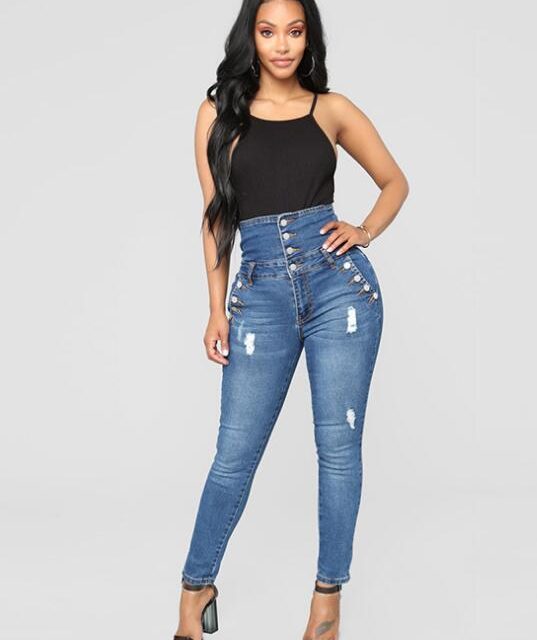 Ladies Ripped Jeans Plus Size Skinny High Waist Jeans Button Fly Curvy Long Big Hips Stretch Jean Tall Women Slim Shapping Denim
