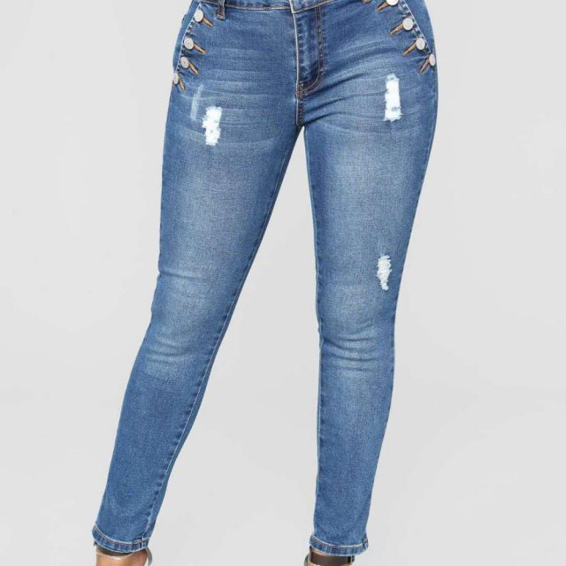 Ladies Ripped Jeans Plus Size Skinny High Waist Jeans Button Fly Curvy Long Big Hips Stretch Jean Tall Women Slim Shapping Denim