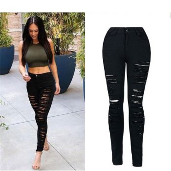 2019 NEW Fashion Personality street fashion full strips torn Slim stretch high waist denim pants pants large size C0795