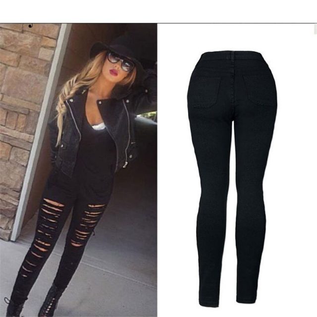 2019 NEW Fashion Personality street fashion full strips torn Slim stretch high waist denim pants pants large size C0795