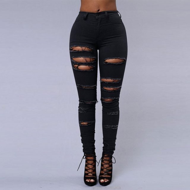 2020 New Ripped Jeans For Women Women Big Size Ripped Trousers Stretch Pencil Pants Leggings Women Jeans Black White#D3