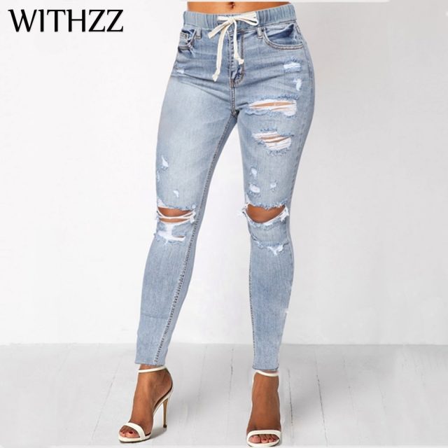 WITHZZ Elastic Waist Hole Denim PantsTrousers Torn Pencil Pants Women’s Ripped Jeans