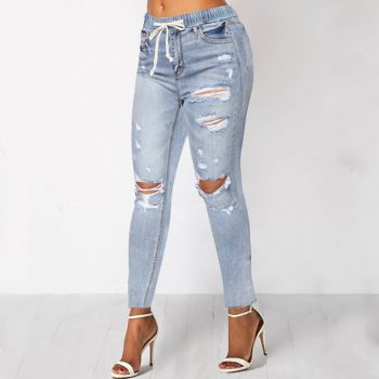 WITHZZ Elastic Waist Hole Denim PantsTrousers Torn Pencil Pants Women’s Ripped Jeans