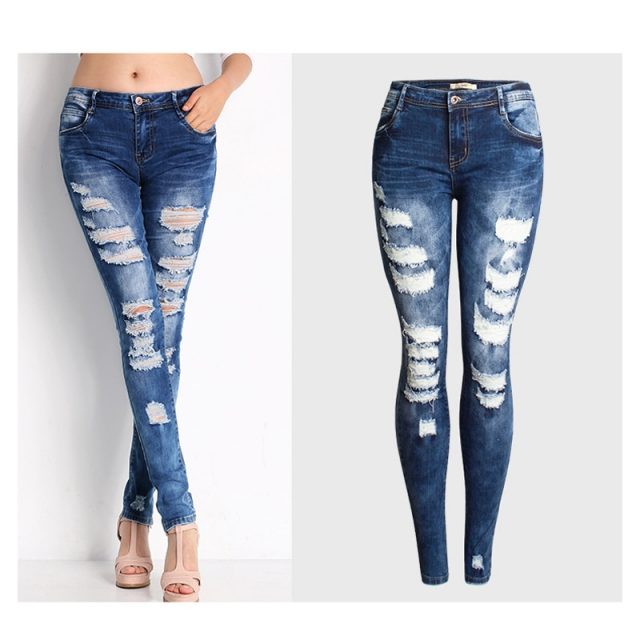 2020 Ms. Autumn New Hole Jeans Slim Stretch Europe and America Women’s Autumn Feet Pencil Pants Large size S-3XL
