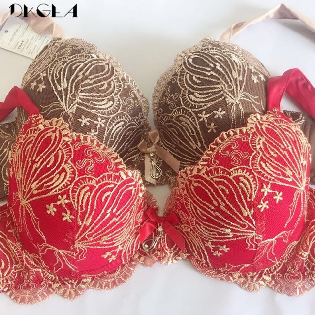 Luxury Red Bra Sexy Brassiere A B C Cup Thick Cotton Underwear Women Bras Embroidery Lingerie Lace Push Up Bra Brown
