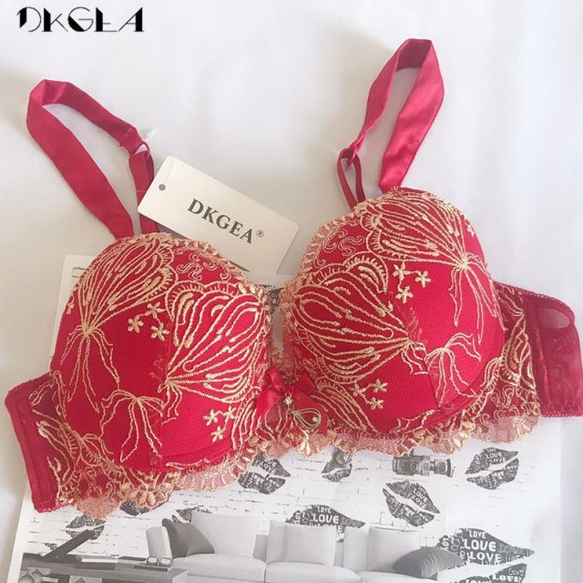 Luxury Red Bra Sexy Brassiere A B C Cup Thick Cotton Underwear Women Bras Embroidery Lingerie Lace Push Up Bra Brown