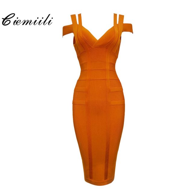 CIEMIILI 2021 Spaghetti Strap Solid Women Bandage Dresses Hollow Out Sleeveless Mid-Calf V-Neck Night Club Party Fashion Dresses