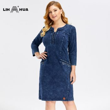 Women's Plus Size Denim Dress Elasticity  Knitted Denim Dresses Slim Fit Casual Dress Shoulder Pads Midi Dress