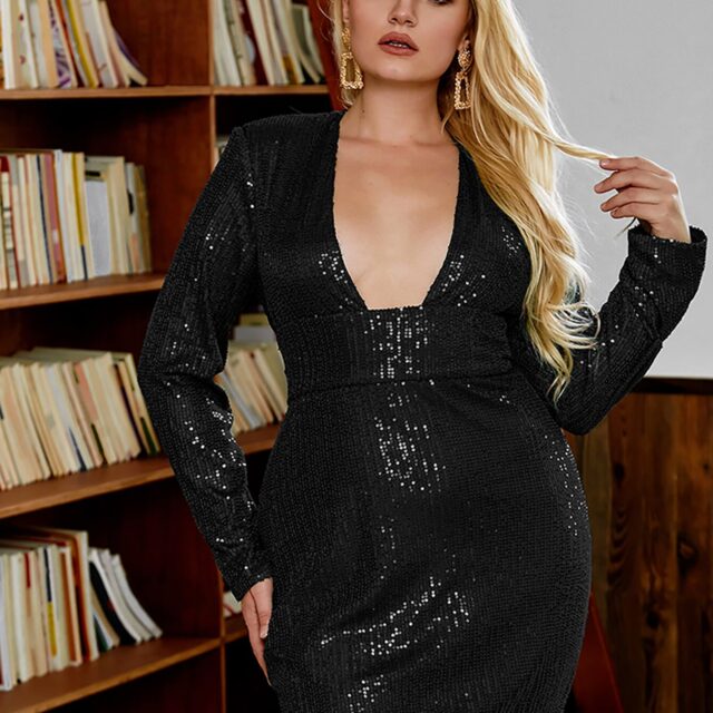PLUS SIZE Sexy Black Deep V-Neck Open Back Bodycon Elastic Sequin Long Sleeve Party Mini Dress