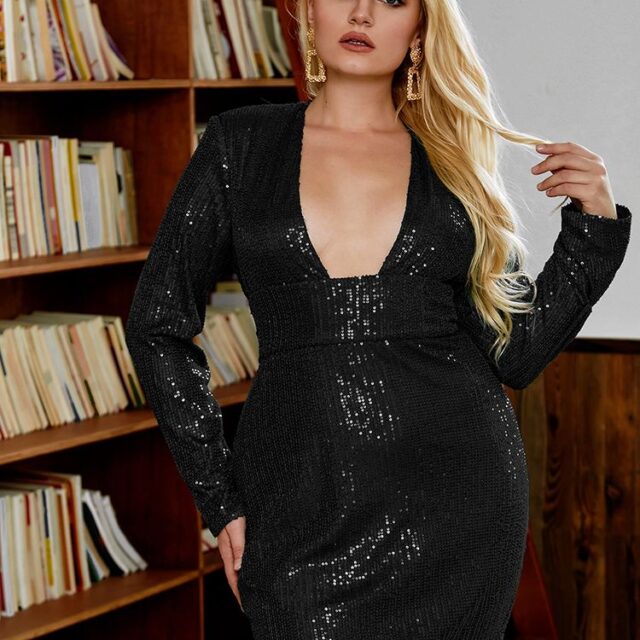 PLUS SIZE Sexy Black Deep V-Neck Open Back Bodycon Elastic Sequin Long Sleeve Party Mini Dress