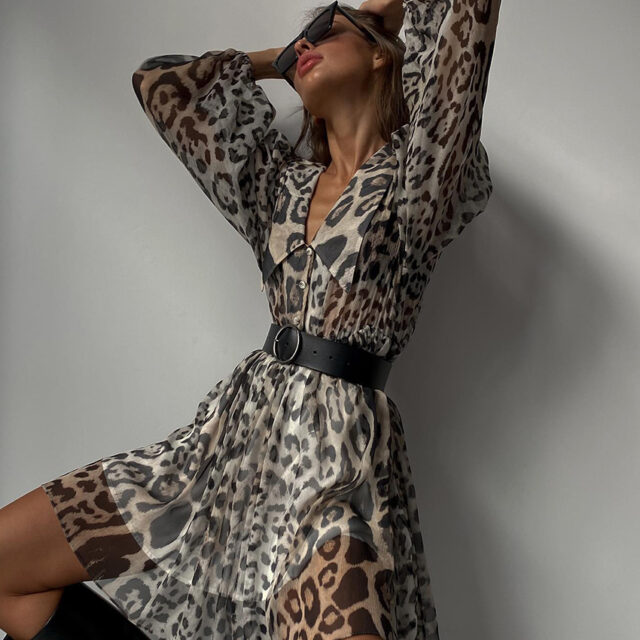 Clacive Fashion Loose Print Women’S Dress 2023 Elegant Lapel Puff Sleeve Office Lady Mini Dresses Casual Classic Female Dress