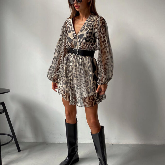 Clacive Fashion Loose Print Women’S Dress 2023 Elegant Lapel Puff Sleeve Office Lady Mini Dresses Casual Classic Female Dress