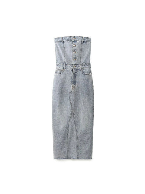 Nlzgmsj TRAF Front Split Hip Wrap Women Denim Dress Elegant Slim Fit Female Sexy Strapless Dress Buttons Bodycon Midi Dresses