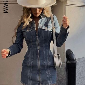 Women Fashion Denim Zip Lapel Dress Retro Long Sleeve Pocket Solid Slim Vestidos 2023 Spring Personality Street Trend Dresses