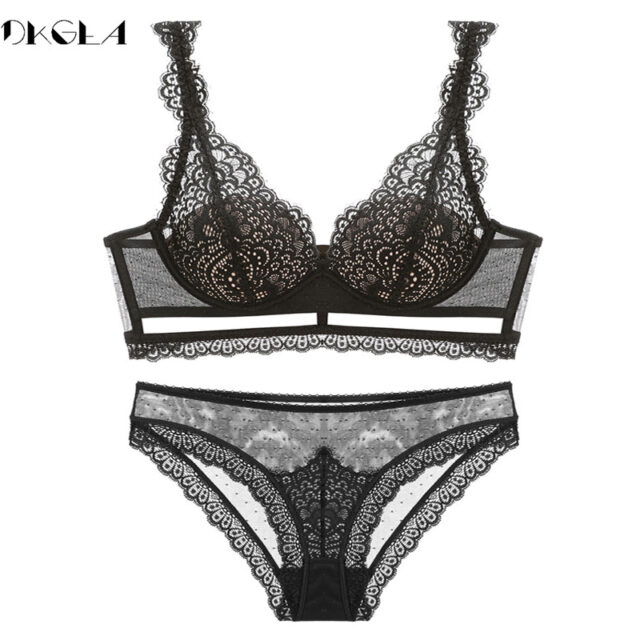 New Top Black Bra And Panties Set Thin Cotton Brassiere Embroider Lingerie Set Lace Bra Women Sexy Underwear Set Deep V Gather