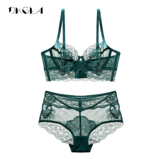 New Luxury Green Lingerie Fashion Sexy Bra Embroidery Lace Women Underwear Bra Set Transparent Brassiere Black Deep V Temptation