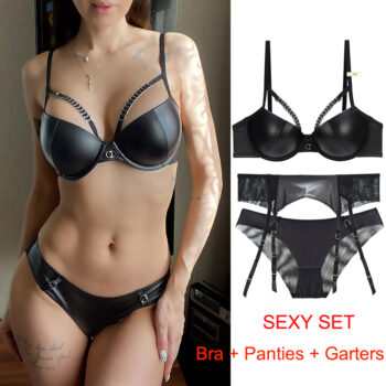 Fashion Black Cortex Brassiere Thick Women Underwear Set 3 Piece Bra+Panties+Garter Brand Lingerie B C D Cup Sexy Bras Push Up