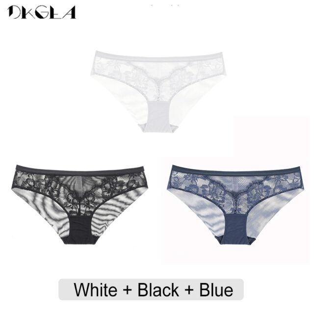 Solid Color Sexy Underwear 3 Pieces Low-Rise Panties White Black Blue Women Underpants Lace Transparent Net Yarn Briefs Female