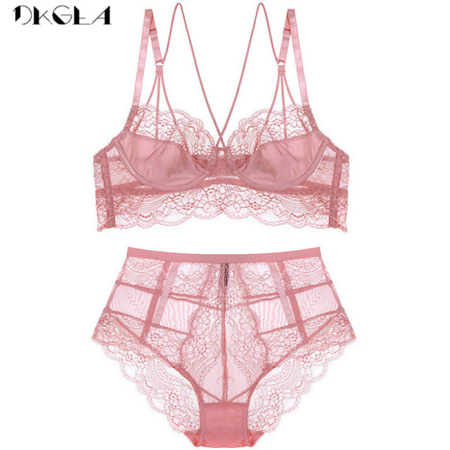 New High Waist Gray Bra Embroidery Lingerie Sets Fashion Brassiere Transparent Black Deep V Lace Underwear Women Bra Set Sexy